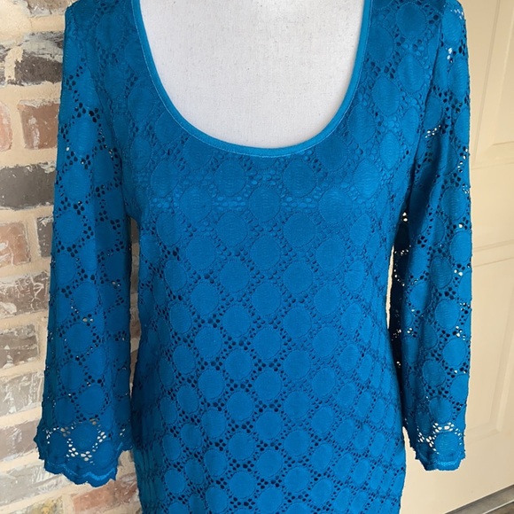 Ronni Nicole Teal Blue Lace Dress Coquette Eyelet Crochet Scoop Neck Midi Sheath - Picture 6 of 13